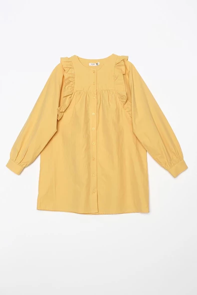 Sarı-Fırfır Detaylı Pamuklu Bisiklet Yaka Gömlek Tunik - Resim 7