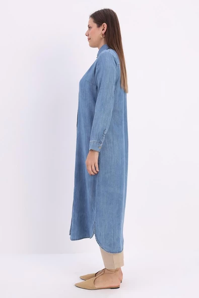 Mavi-Denim Uzun Gömlek Tunik - Resim 3