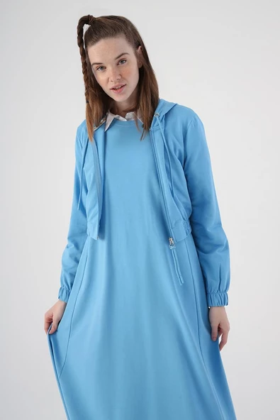 Mavi-Fermuarlı Kısa Hırkalı Kolsuz Elbiseli Takım - Resim 7