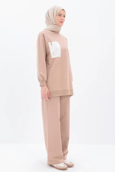 Bej-Yanları Şeritli Eşofman Takımı - Resim 2