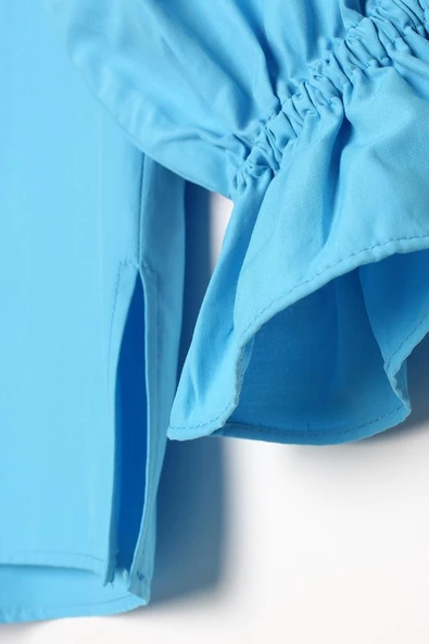 Turkuaz-Arkası Pile Detaylı Hakim Yaka Gömlek Tunik - Resim 7