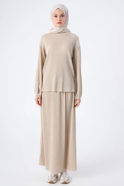 Taş-Pliseli Yırtmaç Detaylı Bluzlu Etekli Takım - Resim 2