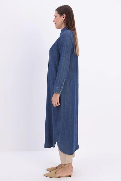 Koyu Mavi-Denim Uzun Gömlek Tunik - 3