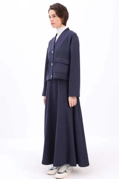 Lacivert-METAL DÜĞMELİ ŞARDONLU ETEKLİ TAKIM - Resim 3