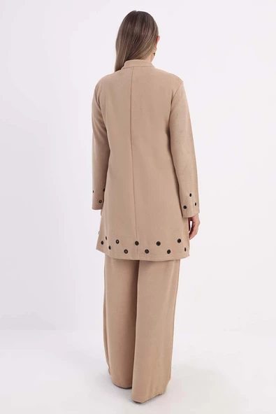 Bej-Kuşgözlü Pantolonlu Takım - 4