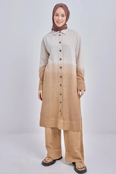 Vizon-Degrade Keten Pantolonlu Takım - Resim 2