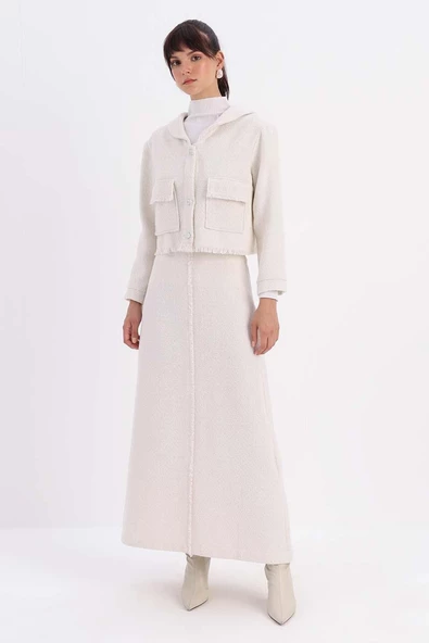 Beyaz-Taşlı Düğmeli Cepli Tüvit Etekli Takım - Resim 2