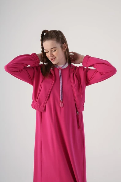 Fuşya-Fermuarlı Kısa Hırkalı Kolsuz Elbiseli Takım - Resim 7