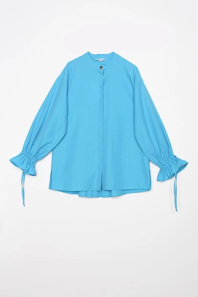 Turkuaz-Arkası Pile Detaylı Hakim Yaka Gömlek Tunik - Resim 8