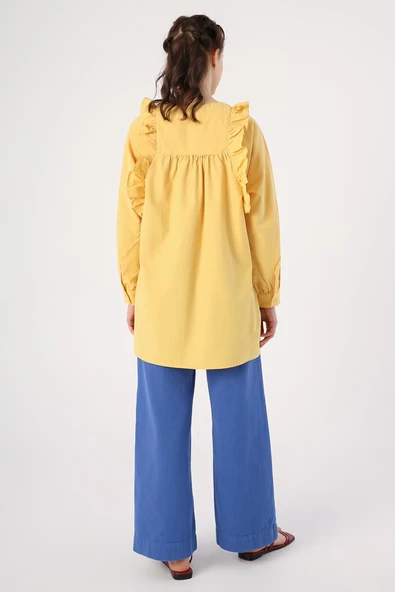 Sarı-Fırfır Detaylı Pamuklu Bisiklet Yaka Gömlek Tunik - Resim 4