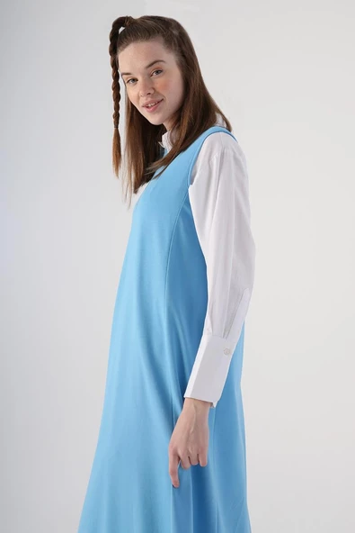 Mavi-Fermuarlı Kısa Hırkalı Kolsuz Elbiseli Takım - Resim 6