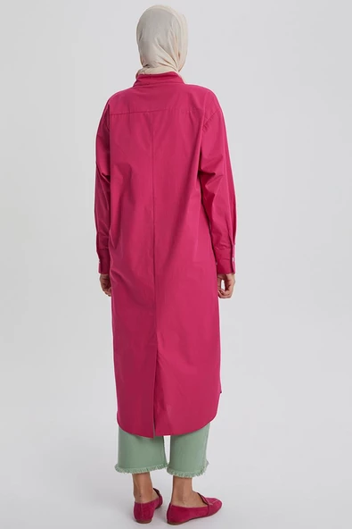 Koyu Pembe-Hakim Yaka Tek Cepli Uzun Gömlek - Resim 4