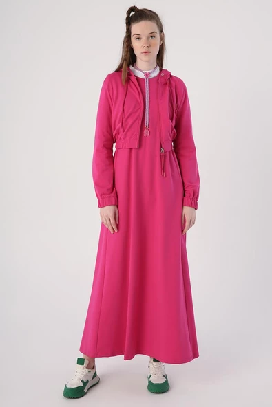 Fuşya-Fermuarlı Kısa Hırkalı Kolsuz Elbiseli Takım - Resim 2