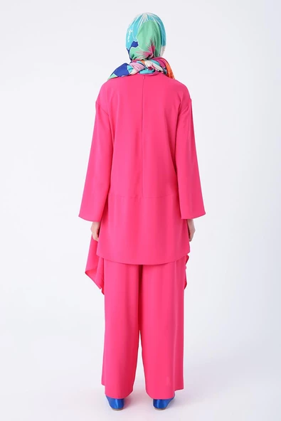 Pembe-Asimetrik Kesim Tunikli Bol Paça Pantolonlu Salaş Takım - 4