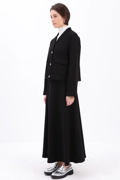 Siyah-METAL DÜĞMELİ ŞARDONLU ETEKLİ TAKIM - Resim 2