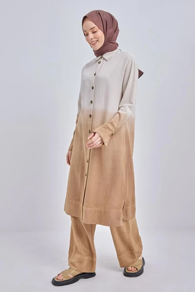 Vizon-Degrade Keten Pantolonlu Takım - Resim 3