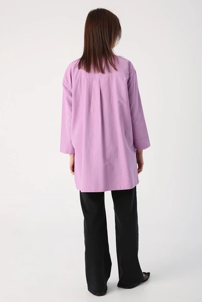 Lila-Büyük Cepli Kuşgözlü Oversize Gömlek - 4
