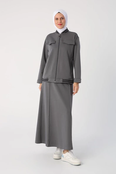 Duman-Çizgili Ribanaları Etekli Kısa Hırkalı Takım - Resim 2