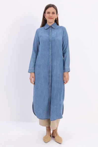 Mavi-Denim Uzun Gömlek Tunik - Resim 2