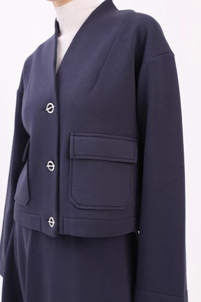 Lacivert-METAL DÜĞMELİ ŞARDONLU ETEKLİ TAKIM - Resim 5