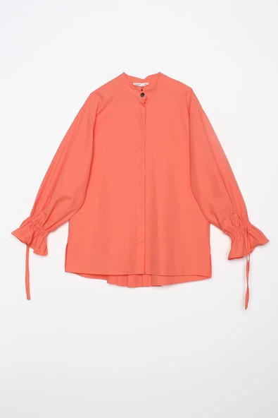 Turuncu-Arkası Pile Detaylı Hakim Yaka Gömlek Tunik - Resim 7