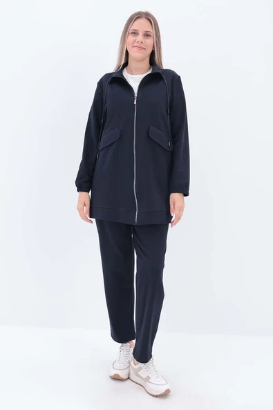 Lacivert-Kordonlu Kapak Cepli Eşofman Takımı - Resim 2