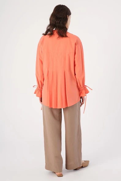 Turuncu-Arkası Pile Detaylı Hakim Yaka Gömlek Tunik - Resim 4
