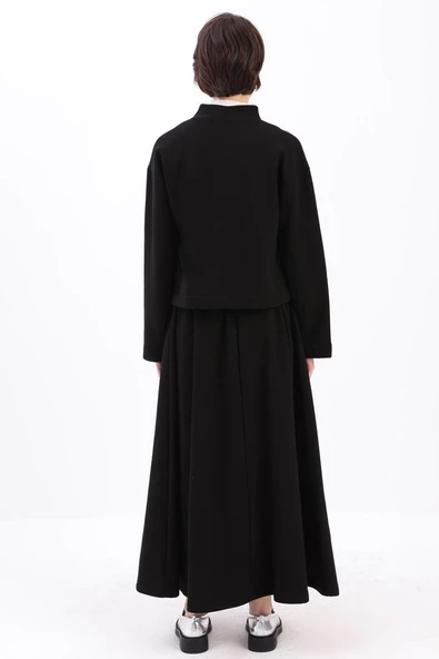 Siyah-METAL DÜĞMELİ ŞARDONLU ETEKLİ TAKIM - Resim 3