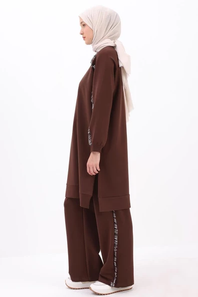 Acı Kahve01-Tüvit Garni Detaylı Pantolon Takımı - Resim 3