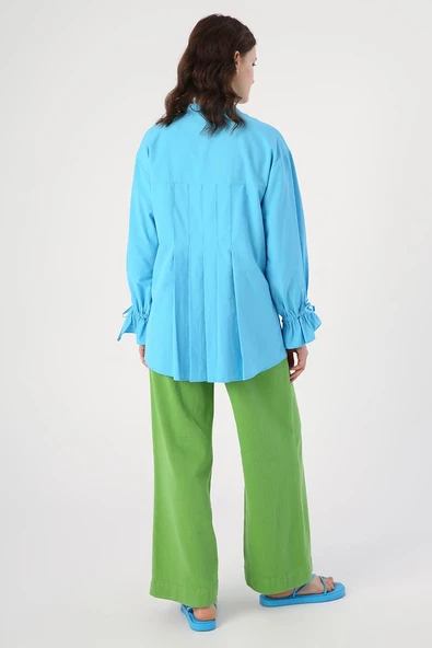 Turkuaz-Arkası Pile Detaylı Hakim Yaka Gömlek Tunik - Resim 4
