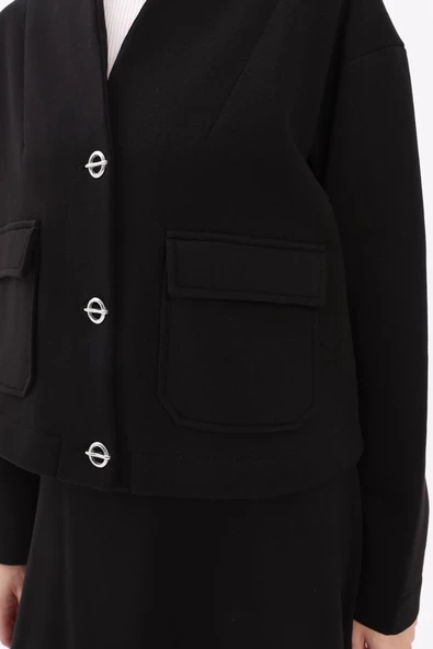 Siyah-METAL DÜĞMELİ ŞARDONLU ETEKLİ TAKIM - Resim 5