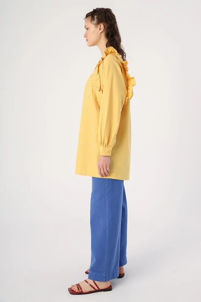 Sarı-Fırfır Detaylı Pamuklu Bisiklet Yaka Gömlek Tunik - Resim 3