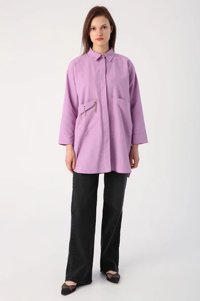 Lila-Büyük Cepli Kuşgözlü Oversize Gömlek - 2