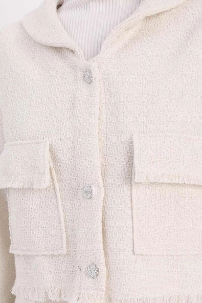 Beyaz-Taşlı Düğmeli Cepli Tüvit Etekli Takım - Resim 7