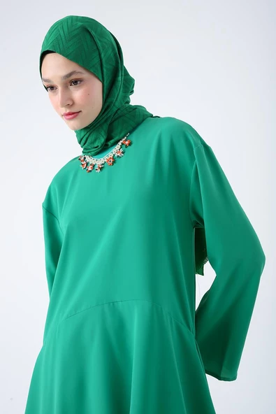 Yeşil-Asimetrik Kesim Tunikli Bol Paça Pantolonlu Takım - 5