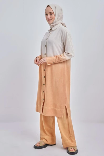 Camel-Degrade Keten Pantolonlu Takım - Resim 3