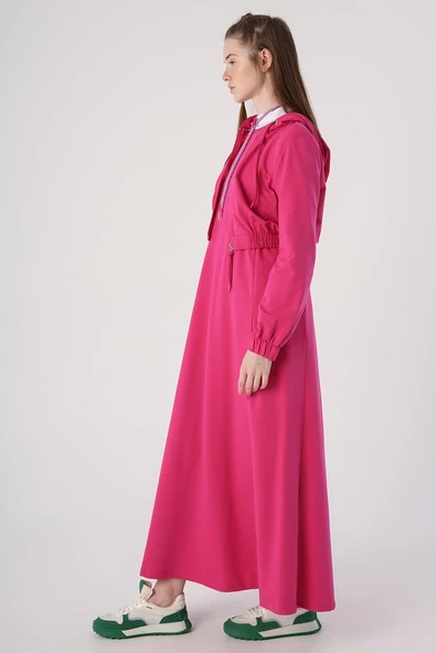 Fuşya-Fermuarlı Kısa Hırkalı Kolsuz Elbiseli Takım - Resim 3