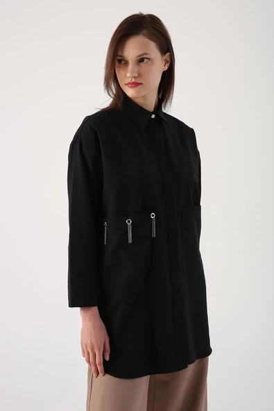 Siyah-Büyük Cepli Kuşgözlü Oversize Gömlek