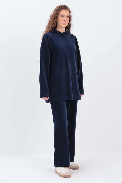 İndigo-KAPÜŞONLU KANGURU CEPLİ PANTOLONLU TAKIM - Resim 3