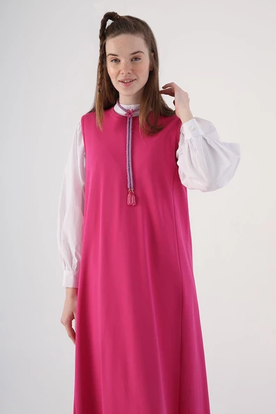 Fuşya-Fermuarlı Kısa Hırkalı Kolsuz Elbiseli Takım - Resim 6