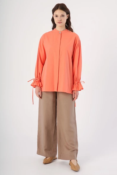 Turuncu-Arkası Pile Detaylı Hakim Yaka Gömlek Tunik - Resim 2