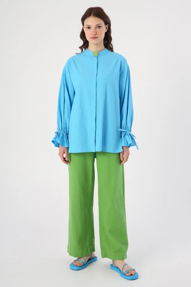 Turkuaz-Arkası Pile Detaylı Hakim Yaka Gömlek Tunik - Resim 2