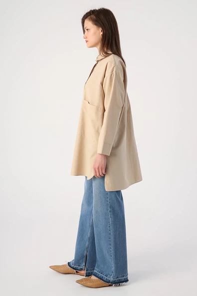 Bej-Büyük Cepli Kuşgözlü Oversize Gömlek - 3