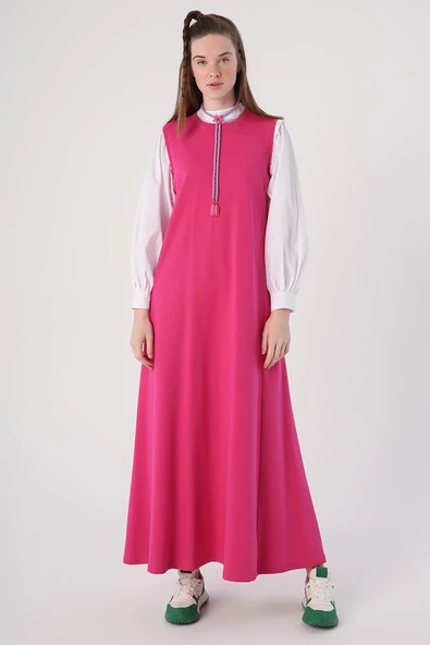 Fuşya-Fermuarlı Kısa Hırkalı Kolsuz Elbiseli Takım - Resim 5