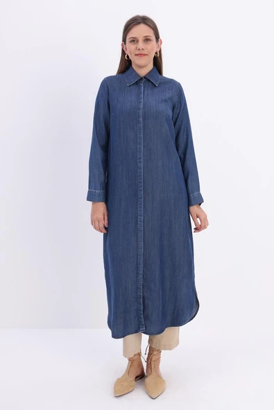 Koyu Mavi-Denim Uzun Gömlek Tunik - 2