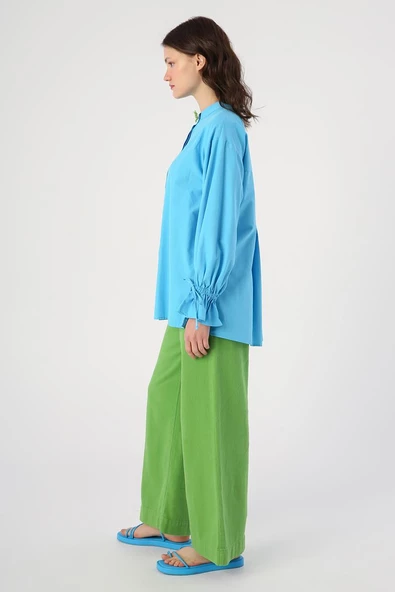 Turkuaz-Arkası Pile Detaylı Hakim Yaka Gömlek Tunik - Resim 3