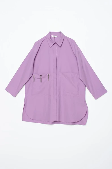 Lila-Büyük Cepli Kuşgözlü Oversize Gömlek - 6