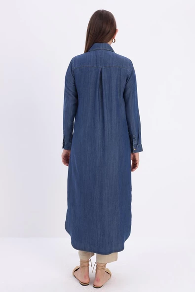 Koyu Mavi-Denim Uzun Gömlek Tunik - 4