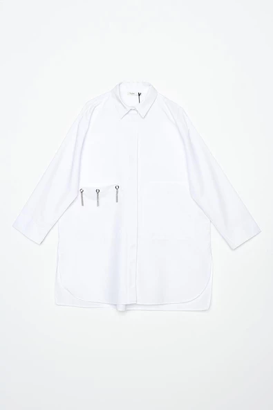 Beyaz-Büyük Cepli Kuşgözlü Oversize Gömlek - Resim 6