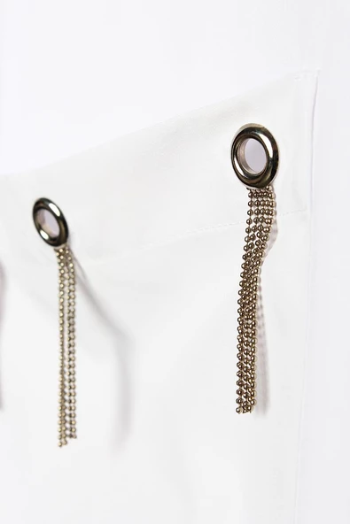 Beyaz-Büyük Cepli Kuşgözlü Oversize Gömlek - Resim 5